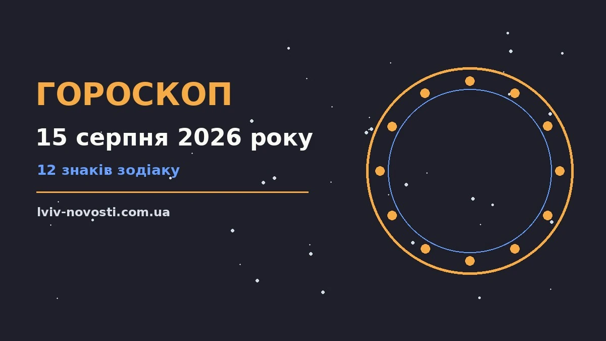Астрологічний гороскоп на 15 серпня 2026 року, символи знаків зодіаку на тлі ранкового неба